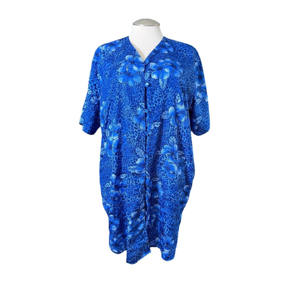 Simply Basic Blue Floral Leopard Kaftan Lounge Dress Button Front One Size OS